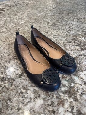 Tory Burch Navy Leather Logo Ballet Flats